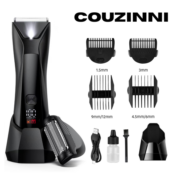COUZINNI Groin & Body Hair Trimmer for Men–Dual-Head Trimmer & Foil Blades, Waterproof Wet/Dry Groomer for Men with Standing Recharge Dock, USB-C Rechargeable, Men’s Ball Shaver