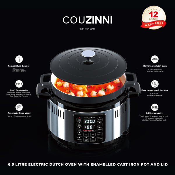 Couzinni 6.5L Electric Digital Dutch Oven with Enamelled Cast Iron Pot and Lid, 9-in-1 Functionality for Cook, Braise, Sear/Saute, Soup/Broth, Steam, Rice, Deep Fry and Porridge