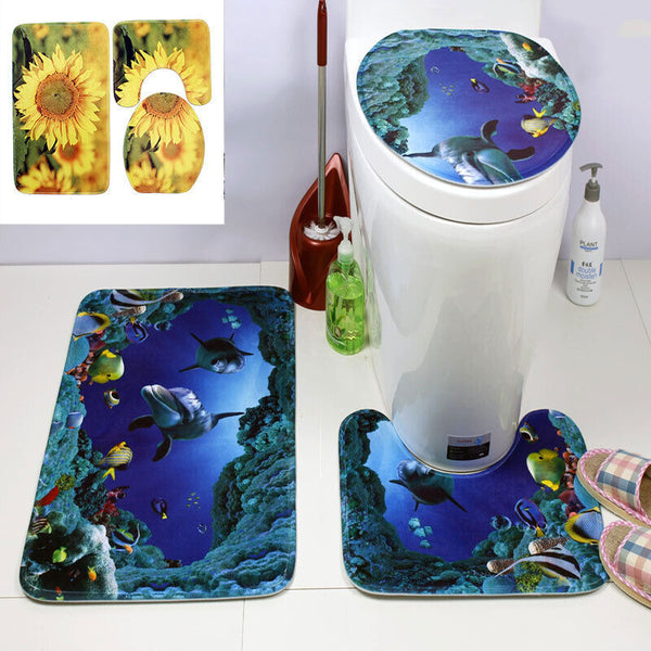 3pcs Non-Slip Bathroom Rug Bath Mat Contour Toilet Seat Lid Cover Set